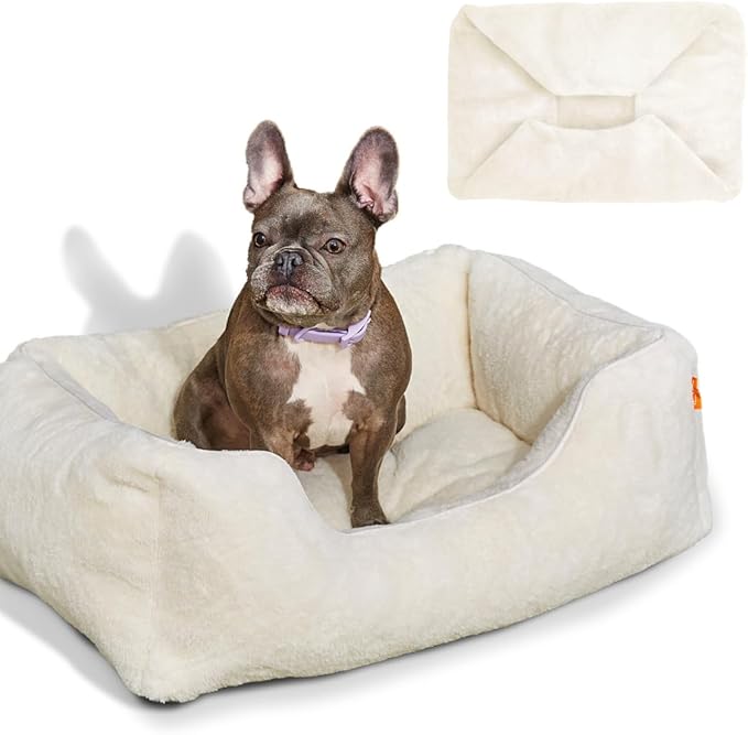 FUZI Luxury Aesthetic Dog Bed with Extra Cover for Small Dogs, Washable Pet Couch, Pet Bed with Sides, Non-Slip Bottom, Soft &amp; Durable Calming Dog Bed, Faux Rabbit Fur, Small 25.1x16.75x9.5 Soft White