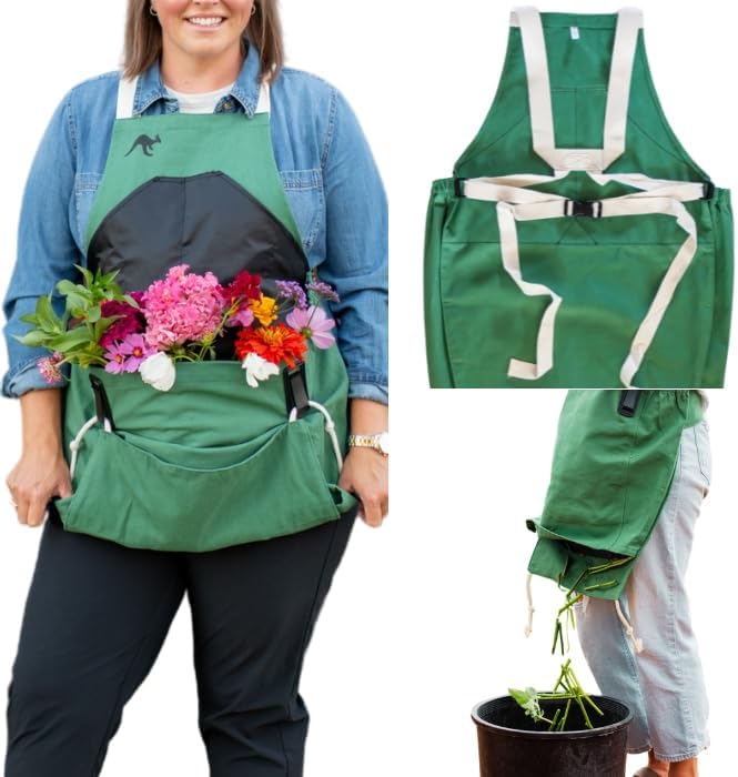 Roo Gardening Apron with Pockets &amp; Harvesting, Picking Pouch - Adjustable, Water-resistant, Washable Canvas Cotton
