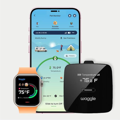 Waggle RV/Dog Temperature Monitor (GPS) &amp; Pet Camera Bundle for RVs - Portable WiFi Cam (128GB) with Motion Alert &amp; Remote Access | Watch Pets While Travelling