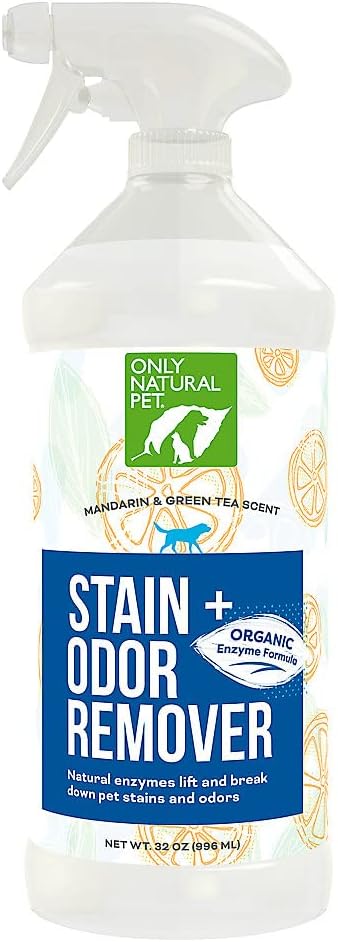 Only Natural Pet Enzyme Powered Stain &amp; Odor Eliminator - Professional Pet Urine Pee Cleaner Deodorizer For Dogs - Hardwood Floors Carpets Upholstery - Fresh Mandarin Orange &amp; Green Tea Scent - 32Floz