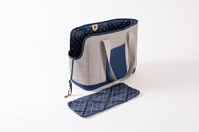 LeftPine x P.L.A.Y. Deluxe Dog Carrier Purse - Soft Sided Pet Travel Tote for Small Dogs &amp; Puppies up to 16 Pounds - Built-in Safety Leash, Machine Washable Liner, Exterior Pocket (Navy Striped)