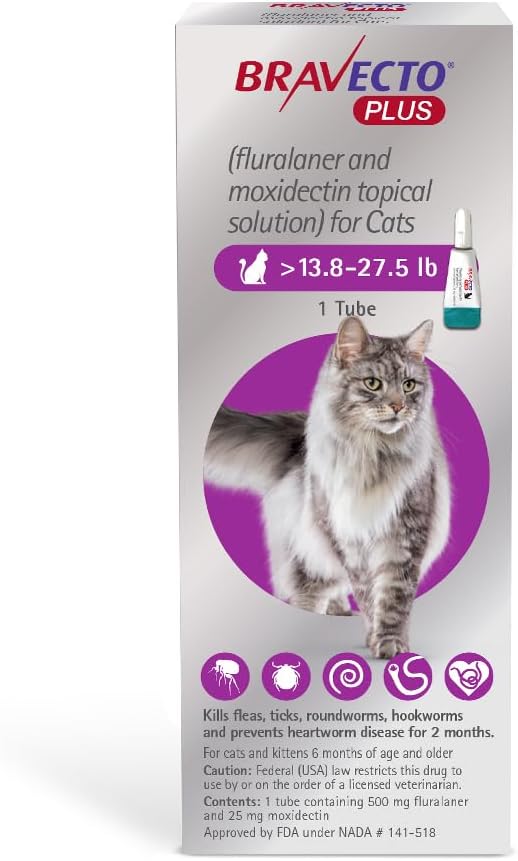 BRAVECTO PLUS Topical Solution for Cats, Flea, Tick &amp; Heartworm, 2 Months Supply, 13.8-27.5 lbs., Purple Box