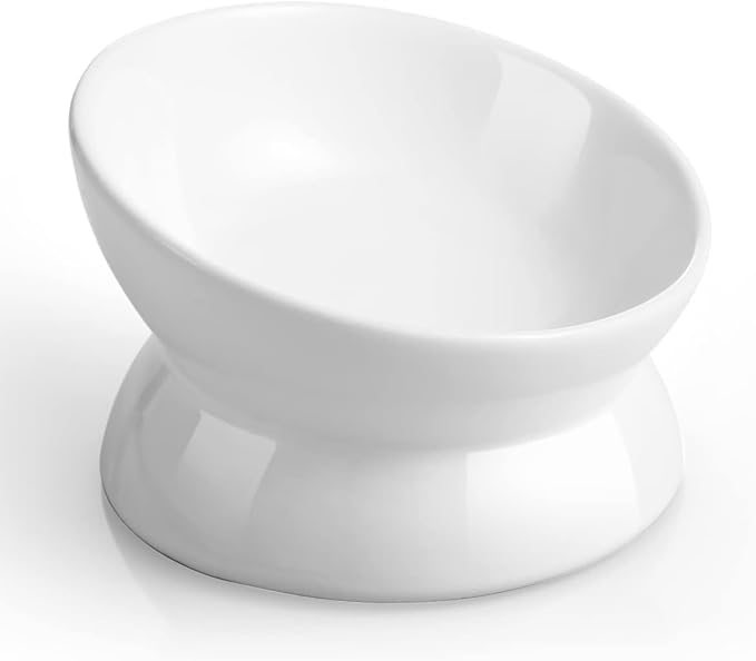 YINGFAN Elevated Cat Bowls, 5oz Ceramic Raised Cat Bowl for Cats/Kittens with Tilted Design, Porcelain Cats Feeding Dishes for Food/Water, Anti Vomit, Microwave &amp; Dishwasher Safe (Light White)