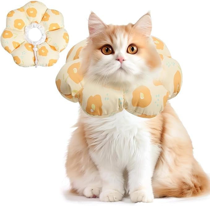 ComSaf Cat Cone Collar Soft - Cat E Collar Cones to Stop Licking, Recovery Elizabethan Collar for Cats After Surgery, Soft Cone for Medium Cats, Waterproof &amp; Lightweight, Yellow Flower, M