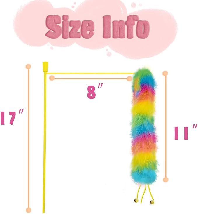 3 Pack Cat Wand Toy, Rainbow Cat Feather Toys with Bells, Teaser Wand with Soft Furry Tail, Interactive Toys for Indoor Cats &amp; Kitten &amp; Kitty