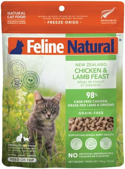 Feline Natural High Protein Dry Cat Food, Freeze-Dried Diet with 98% Meat, Organs &amp; Seafood, No Peas, Grains, or Artificial Additives, Made in New Zealand, Chicken &amp; Lamb, 3.5oz