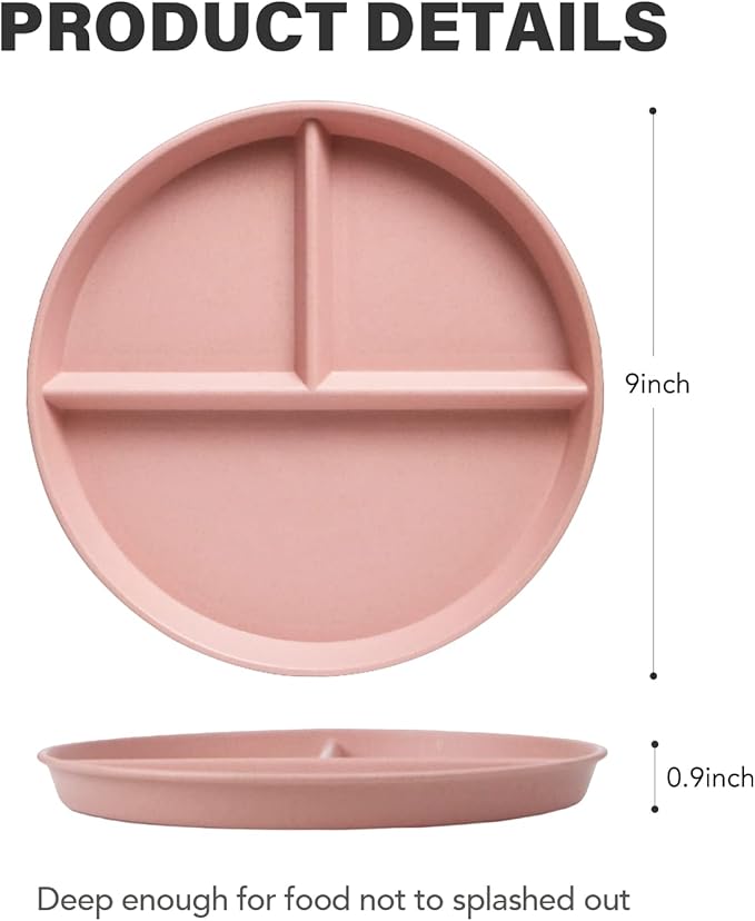greenandlife 9 Inch (4PCS) Unbreakable Divided Plates for Kids Adults, Dishwasher &amp; Microwave Safe Compartment Plate, Lightweight Reusable Plastic Portion Control Plates, BPA Free and Healthy