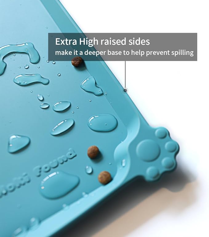 Hoki Found Silicone Pet Food Mats Tray - Non Slip Cat &amp; Dog Bowl Mats - Waterproof &amp; Pet-Friendly for Carpet - Glacier
