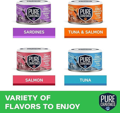 Wet Cat Food Variety Pack Tuna, Salmon, Sardines, Tuna/Salmon in Gravy, 100% Mercury-Tested, Moist Can Fish for Cats, Grain-Free, Protein, Non-GMO, Pack of 12