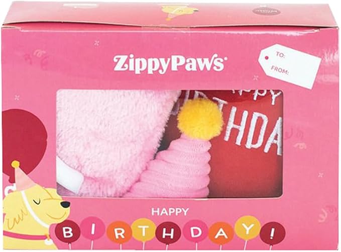 ZippyPaws Birthday Box - Dog Squeaky Toys to Keep Them Busy, Funny Food Plush for Small, Medium, &amp; Large Dogs, Cute Stuffed Puppy Toy &amp; Hat, Pet Products, Gift for Dogs of All Breeds - 3-Pack, Pink