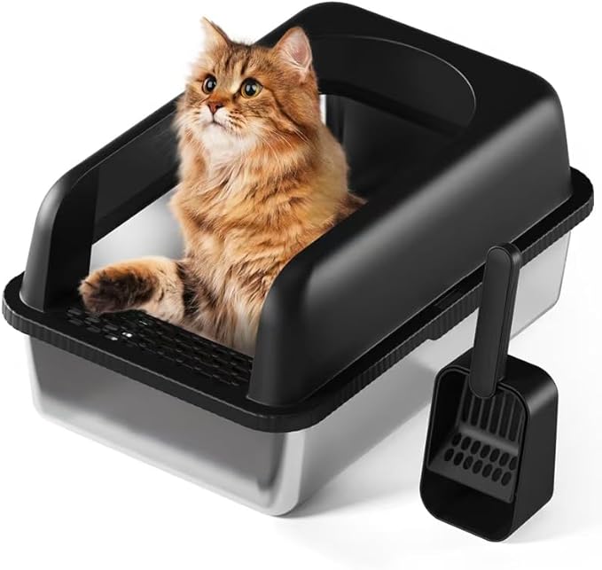 Stainless Steel Cat Litter Box with Lid, 24" L x 16" W x 11.8" H, Large Cat Litter Box for Multiple Cats with High Sided, No-Leak &amp; Stick, Easy to Clean, Includes Litter Mat &amp; Multi Functional Scoop