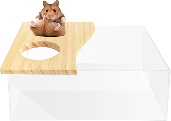 Hamster Sand Bath Box Container, Small Pet Sandbox Lid Design Take Bath Wooden Sandbox Dust Bath, Transparent Bathroom &amp; Digging Box Acrylic Syrian Hamster Litter Box Small Animal Accessories (C)