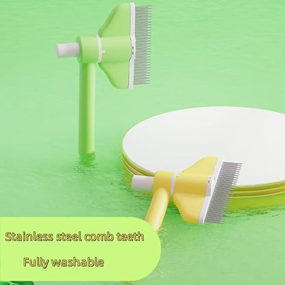 360° Press and Rotate Flea Comb for Cats and Dogs - Self-Cleaning Pet Hair Removal Tool with Release Button &amp; Long-Short Stainless Steel Teeth for Shedding (Green)