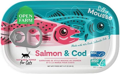 Open Farm, Canned Cat Food Topper, Silky Mousse Made with 95% Responsibly Sourced Icelandic Fish, Grain &amp; Legume Free, Salmon &amp; Cod Recipe, 3.17oz Cans (Pack of 17)