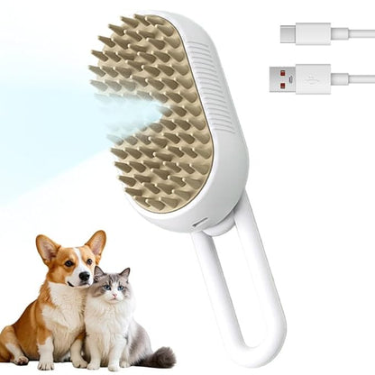 3-In-1 Rechargeable Steamy Cat Brush, Deep Cleaning &amp; Hair Removal System with Rotating Handle, 360° Massage for Cats &amp; Dogs (White)