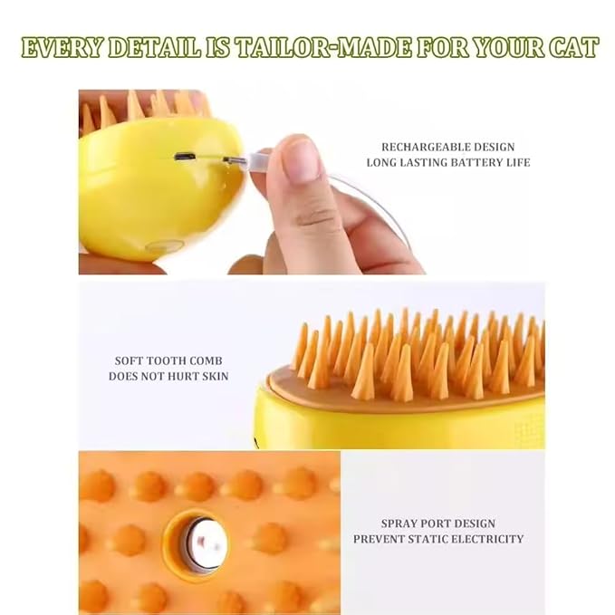 3-in-1 Rechargeable Pet Hair Brush: Massager, Steamy Comb &amp; Self-Cleaning Mist Spray for Cats &amp; Dogs