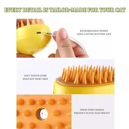 3-in-1 Rechargeable Pet Hair Brush: Massager, Steamy Comb &amp; Self-Cleaning Mist Spray for Cats &amp; Dogs