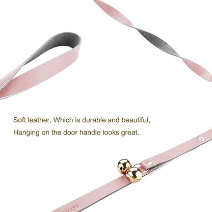 Leather Dog Doorbells for Door Knob/Potty Training/Go Outside, Length Adjustment Copper Dog Bell, Housetraining Hanging Bell, Pink Leather Golden Bells - 2 Pack.