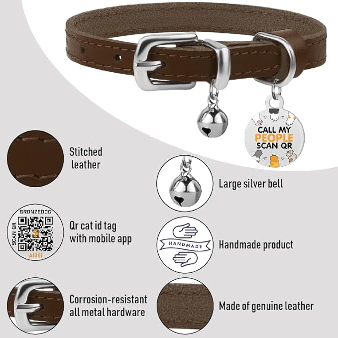 BRONZEDOG Leather Cat Collar with Removable Bells Non Breakaway Kitten QR Tag for Girl Boy (9" - 12" Cats/Mini Dogs, Brown &amp; Silver)