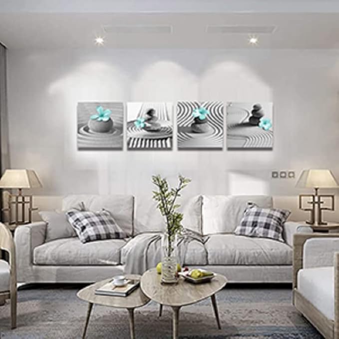 Yxbhhym Gray Wall Art Zen Wall Art Teal Floral Paintings Black and White Decor Zen Stone Sand Pebble Canvas Flower Artwork for Wall Home Decoration Bathroom Wall Decor 12&