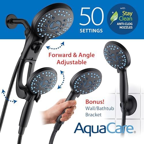 Hotel Spa AquaCare for California As-Seen-On-TV High Pressure Handheld Rain 50-mode 3-way Shower Head Combo with Adjustable Arm, Anti-clog Jets, Tub &amp; Pet Power Wash, 6 ft. Hose, Matte Black