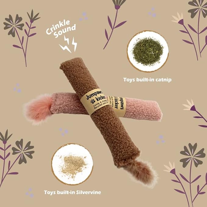 2 Pack Natural Interactive Catnip &amp; Silvervine Cat Kicker with Tail, Bite Resistant Chew Toy, Crinkle Kicker, Accessories for Indoor Cat, Sherpa Material