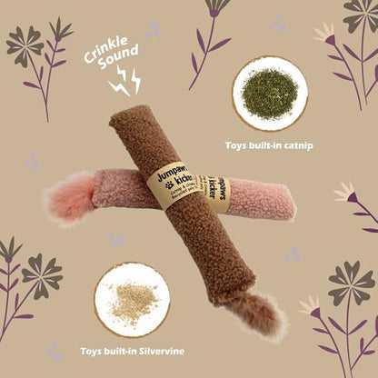2 Pack Natural Interactive Catnip &amp; Silvervine Cat Kicker with Tail, Bite Resistant Chew Toy, Crinkle Kicker, Accessories for Indoor Cat, Sherpa Material