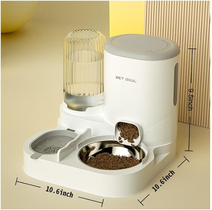 Automatic Cat Feeder &amp; Water Dispenser - Dual Container for Dry/Wet Food, Two-in-One Upgraded Gravity Feeder and Water Dispenser Combo Set for Cats and Dogs. (Grey)