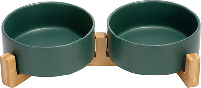 SPUNKYJUNKY Ceramic Dog and Cat Bowl with Wood Stand Non-Slip Matte Glaze Weighted Food Water Set for Cats &amp;Small Dogs 13.5 OZ Green