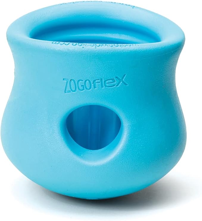 West Paw Zogoflex Toppl Treat Dispensing Dog Toy Puzzle – Interactive Chew Toys for Dogs – Dog Toy for Moderate Chewers, Fetch, Catch – Holds Kibble, Treats, Large 4", Aqua Blue