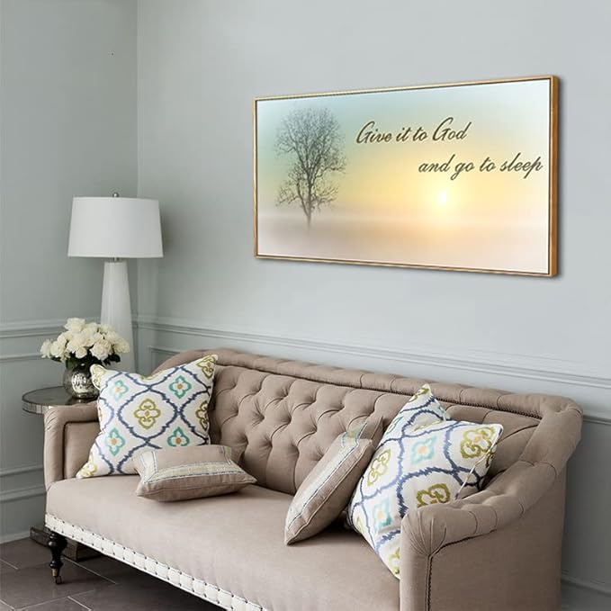 Lasdel Natural Extra Framed Canvas Wall Art of Misty Sunset &amp; Tree Plant Picture For Bedroom Home Above Bed,White Country Wood Sign For Bathroom,Give It To God &amp; Go to Sleep Artwork Decor,30x60