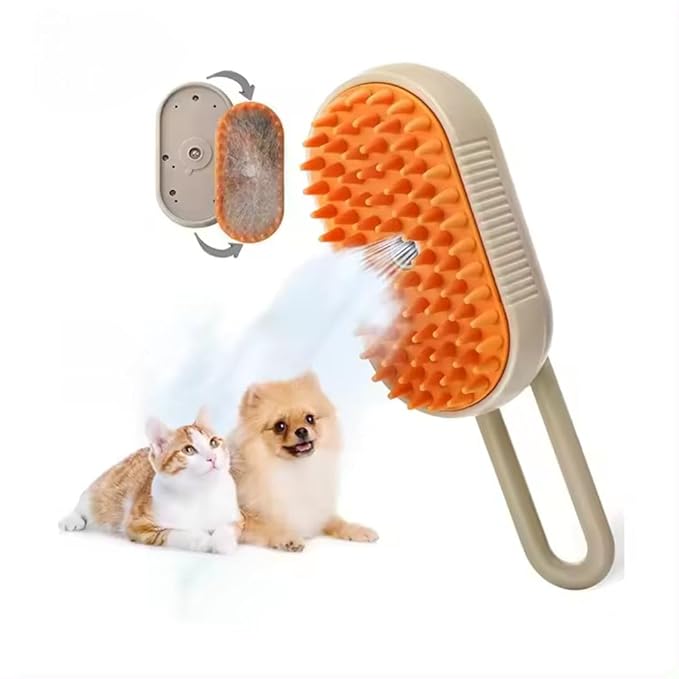 4-in-1 Cat Grooming Brush – Water Spray &amp; Self-Cleaning Shedding Brush for Cats &amp; Dogs – Pet Hair Removal &amp; Massage Comb for Long &amp; Short Hair (beige).