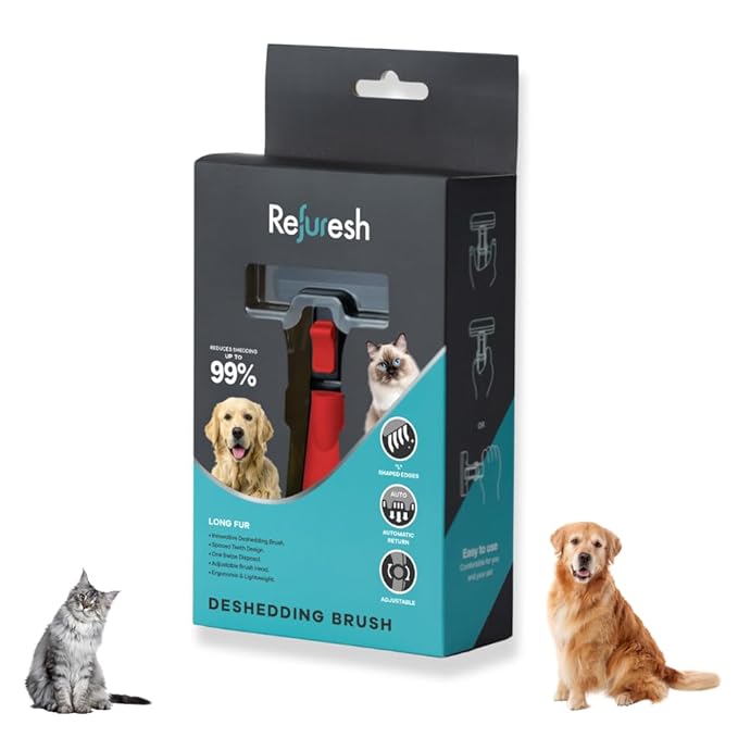 Deshedding Dog Brush for Long Hair (Medium,Red) – Gentle Deshedding tool for Dogs &amp; Cats – Reduces shedding, without damaging topcoat. Removes Loose Fur &amp; Dead Undercoat.