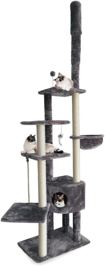 Furhaven 100"-113" Tall Cat Tree for Indoor Cats w/ Adjustable Height, Ft. Sisal Scratching Posts, Condo, &amp; Toys - Tiger Tough Skyscraper Interactive Playground Tower - Gray, One Size