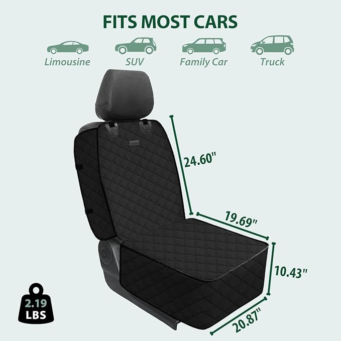Dog Car Front Seat Cover with Side Flaps &amp; Buckle Straps for Pet, 100% Waterproof 600D Oxford Single Seat Protector Heavy Duty Quilted Scratch Proof, Universal Size for SUV Truck, Black