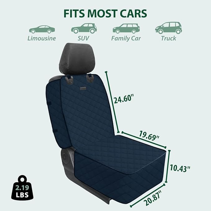 Dog Car Front Seat Cover with Side Flaps &amp; Buckle Straps for Pet, 100% Waterproof 600D Oxford Single Seat Protector Heavy Duty Quilted Scratch Proof, Universal Size for SUV Truck, Blue