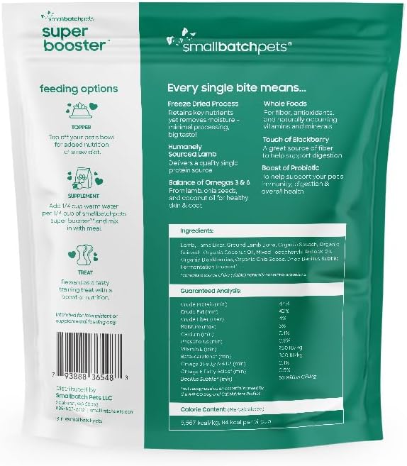 smallbatch Freeze Dried Dog Treats, Superfood Food Topper Lamb Bites for Dogs &amp; Cats, Probiotics, Organic Ingredients, High Protein, Grain Free Healthy Treat or Food Topper, Made in The USA, 7 oz Bag