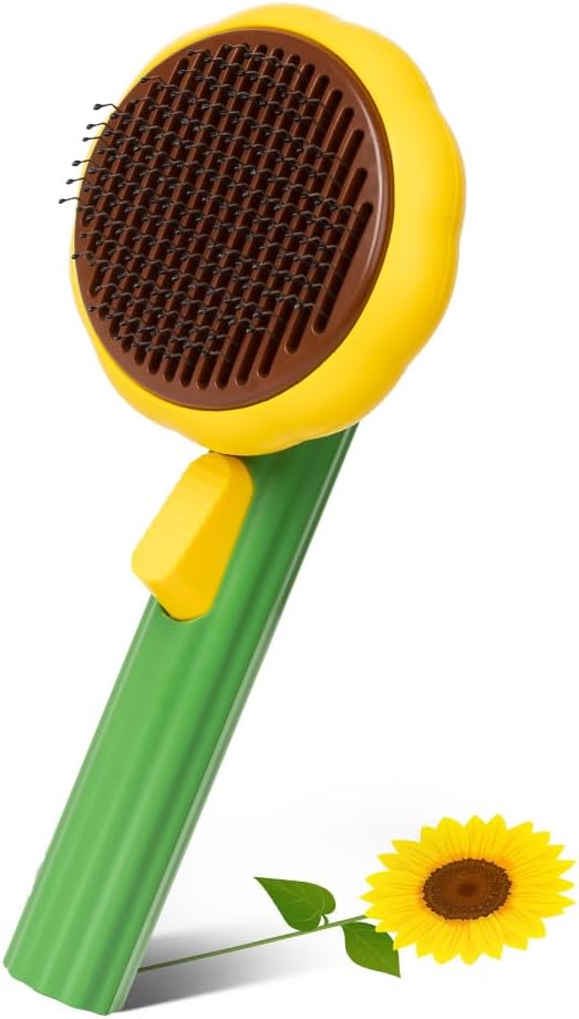 Self-Cleaning Dog &amp; Cat Slicker Brush, Skin Friendly Deshedding Grooming Tool for Long or Short Haired Dogs Cats Rabbits, Dog Shedding Brush with Release Button-Sunflower