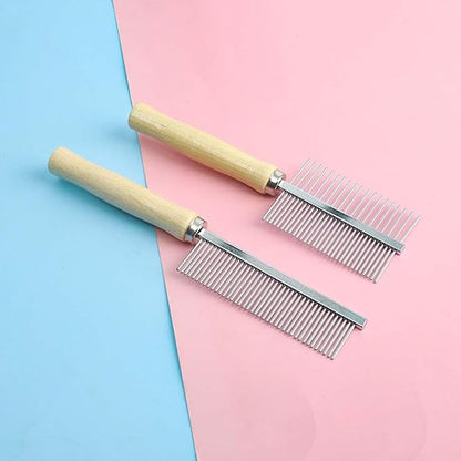 Pet Comb for Dog Cat Rabbit Grooming, Dog Stainless Steel Combs with Wooden Handle, Small Cat Flea Lice Comb for Removes Mats, Tangles and Loose Fur