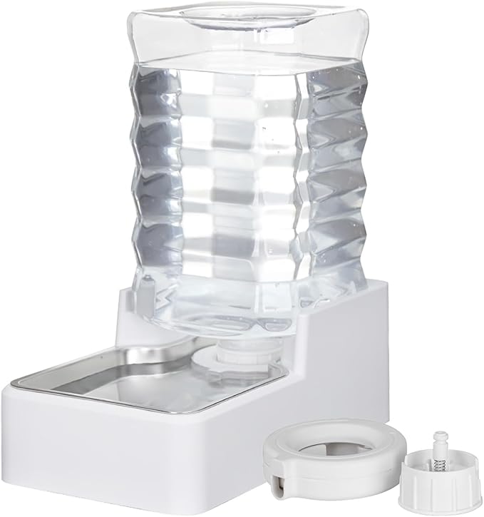 Dog Cat Water Dispenser: 8L White Upgraded Gravity Feeder with Stainless Steel Bowl - BPA-Free Large Capacity for Medium/Large Pets - Indoor &amp; Outdoor Use