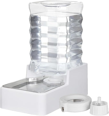 Dog Cat Water Dispenser: 8L White Upgraded Gravity Feeder with Stainless Steel Bowl - BPA-Free Large Capacity for Medium/Large Pets - Indoor &amp; Outdoor Use