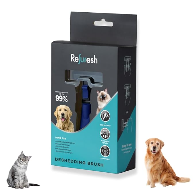 Deshedding Dog Brush for Long Hair (Medium,Blue) – Gentle Deshedding tool for Dogs &amp; Cats – Reduces shedding, without damaging topcoat. Removes Loose Fur &amp; Dead Undercoat.