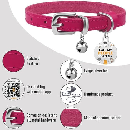 BRONZEDOG Leather Cat Collar with Removable Bells Non Breakaway Kitten QR Tag for Girl Boy (7" - 9" for Cats, Pink &amp; Silver)