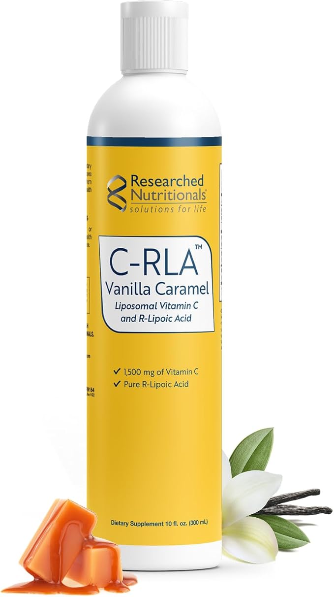 Researched Nutritionals C-RLA - Liposomal Vitamin C with R Lipoic Acid to Support Detox - Vegan &amp; Soy-Free Vitamin C Liquid, Vanilla Caramel Flavor (10 Fl Oz)