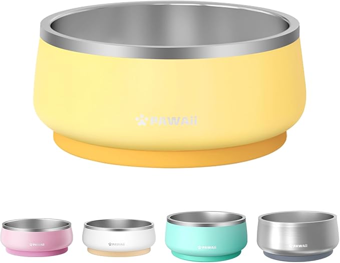 Pawaii Stainless Steel Dog Bowl with Non-Slip Rubber Base &amp; Double Wall Insulation - Durable Design | Includes ID Tag | Dishwasher Safe Food &amp; Water Bowl for All Dogs (34oz)