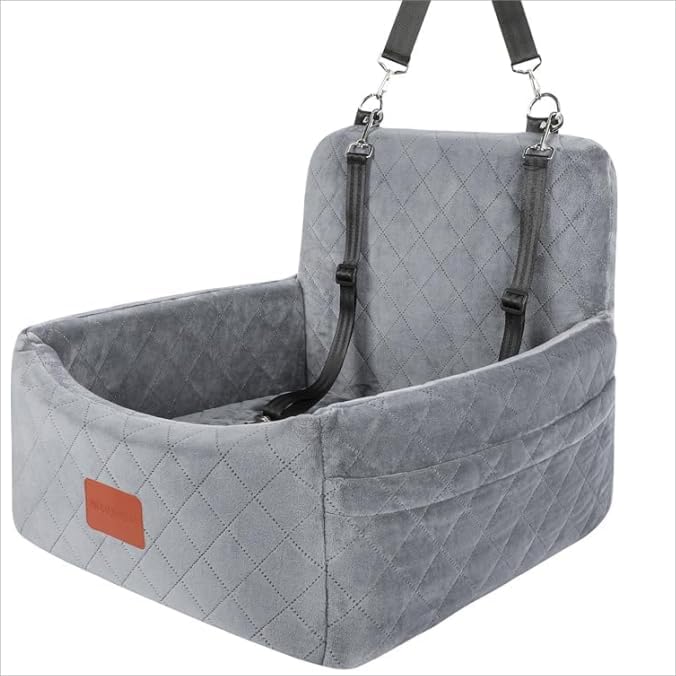 Dog Car Seat for Small Dogs Under 30lbs,Comfy &amp; Safe Travel Bed with Washable Cover,2 Clip-On Safety Leashes and Pockets,Anti-Slip Base,Easy to Install(Grey)