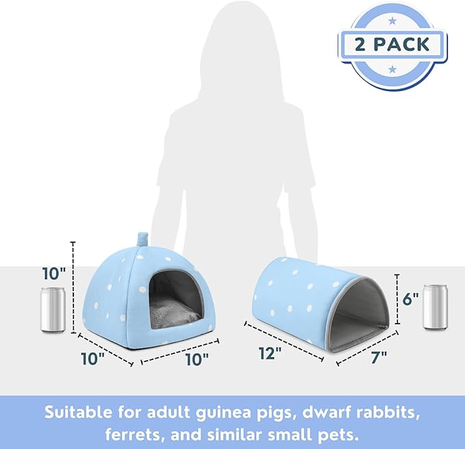 Guinea Pig Hideout and Tunnel Set, Soft Plush Bed &amp; Play Tunnel for Guinea Pigs, Rabbits, Ferrets, Small Animals - Washable Accessories for Resting, Hiding, Exercising