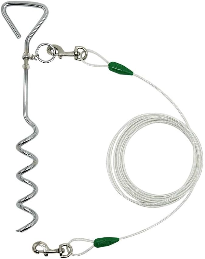 Petest 16 Inch Spiral Stake with 15ft Reflective Tie-Out Cable for Medium Dogs Up to 60 Pounds DarkGreen &amp; Silver