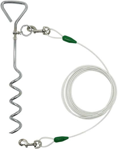 Petest 16 Inch Spiral Stake with 15ft Reflective Tie-Out Cable for Medium Dogs Up to 60 Pounds DarkGreen &amp; Silver