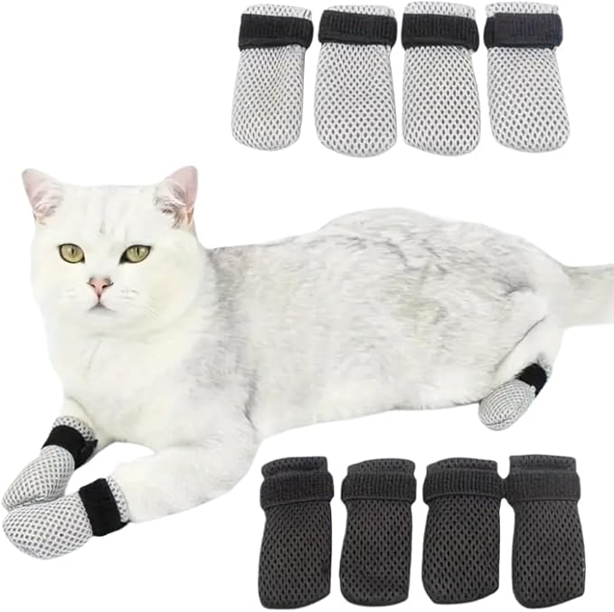 8 Pack Cat Mittens to Prevent Scratching, Adjustable Breathable Mesh Cat Booties &amp; Claw Covers - Anti Scratch Gloves for Bathing, Nail Trimming - 4 Black &amp; 4 Grey, Paw Inner Diameter up to 1.57 Inches
